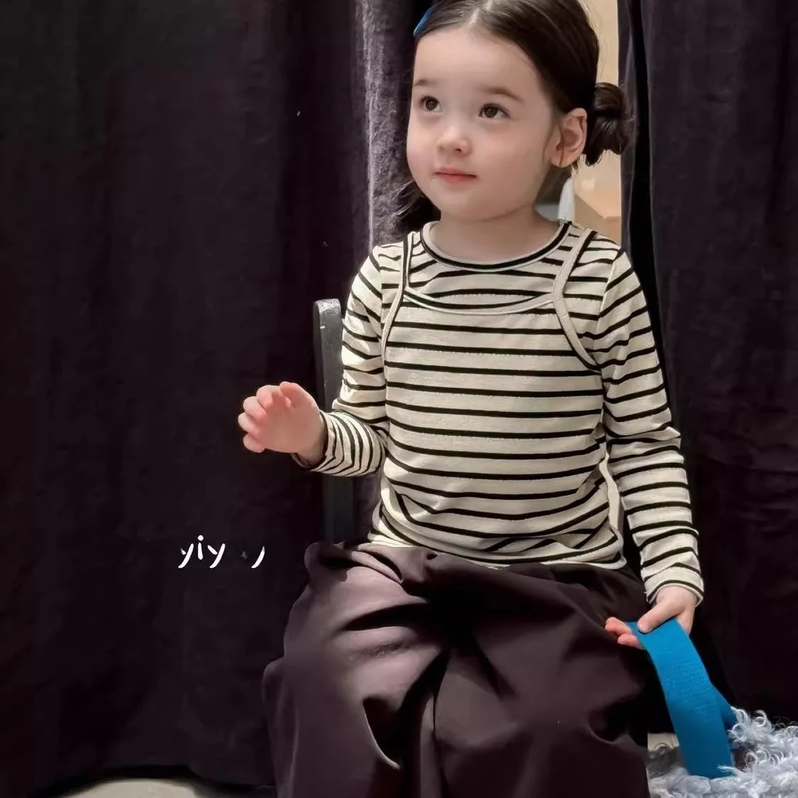 Spring Autumn Children's Korean Style Striped Versatile Two-Piece Set Long Sleeve T-Shirt Girls Baby Strap Top Cotton Clothes