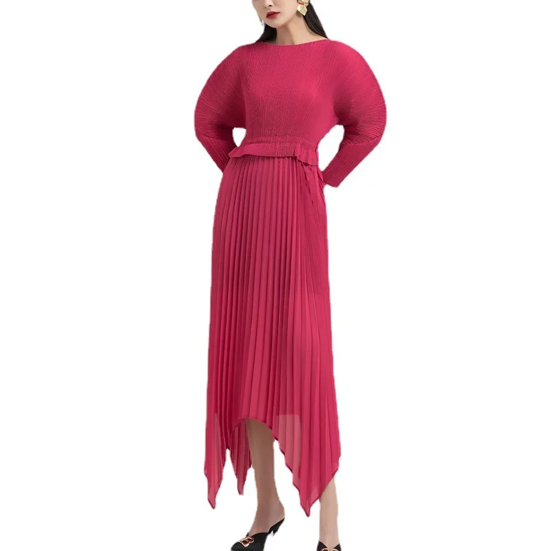 여자 드레스 Miyake Pleated 패션 하이 스트리트 솔리드 느슨한 대형 슬래시 목 여름 Batwing 슬리브 Mid-Calf Dresses Tdie