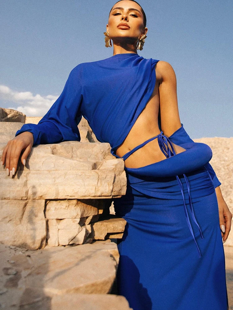 فساتين طويلة من Sisterlinda للسيدات بتصميم مجوف غير منتظم على طراز الخريف ورقبة دائرية وأكمام طويلة للإجازات فساتين أنيقة #2