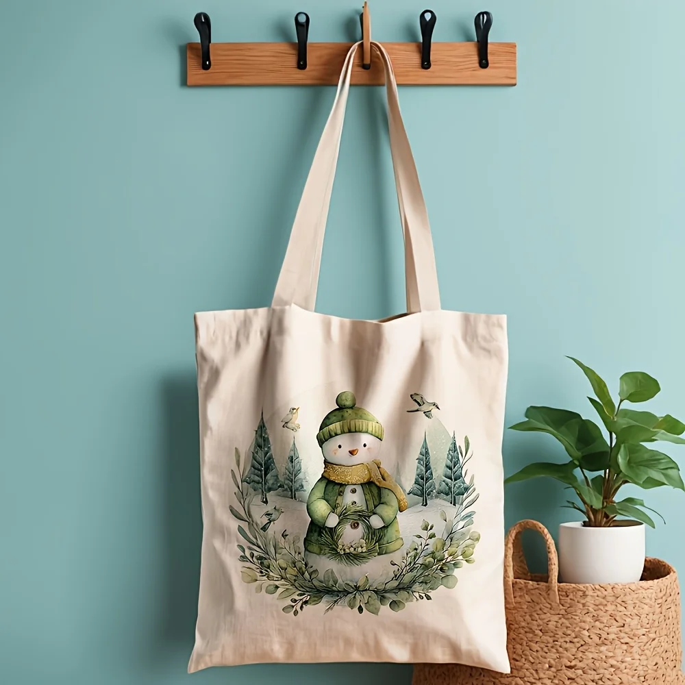 Winter Snowman Canvas Tote Bag Watercolor Christmas Pine Tree Wreath Print Large Capacity Shoulder Bag Daily Shopping Handbag