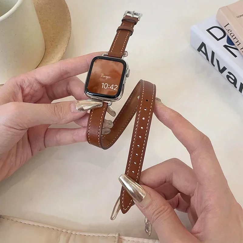 ل سوار ساعة أبل 40 مللي متر 44 42 46 38 49 41 45 مللي متر موضة مزدوجة جولة حزام من الجلد لسلسلة iWatch 10 9 8 7 6 Se 5 4 Ultra 2
