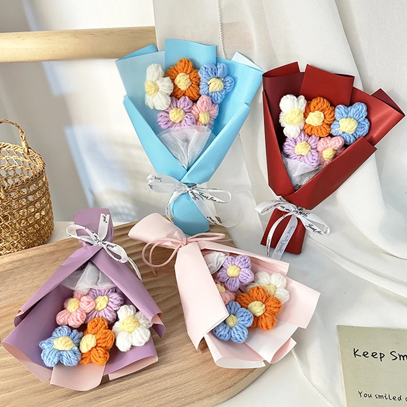 6Pcs Mini Flower Bouquet Artificial Wool Crochet Woven Knitting Daisy Decor Handmade Birthday Mother's Day Gift Photography Prop