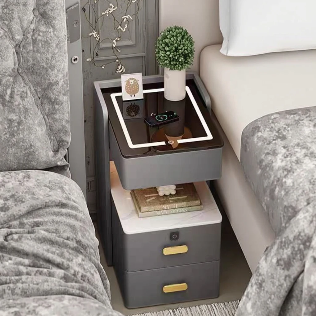 Small Smart Bedside Cabinet, Simple and Modern, High-end, Lightweight, Luxury Home Bedroom Bedside Wooden Storage Cabinet