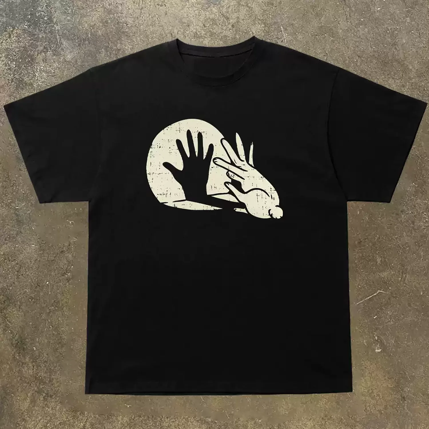 Retro Minimal Streetwear T Shirt for Men, Worn Texture Hand Shadow Rabbit Silhouette Art Design, Oversized Crew Neck Soft Washed Cotton Loose Fit Daily Tops.