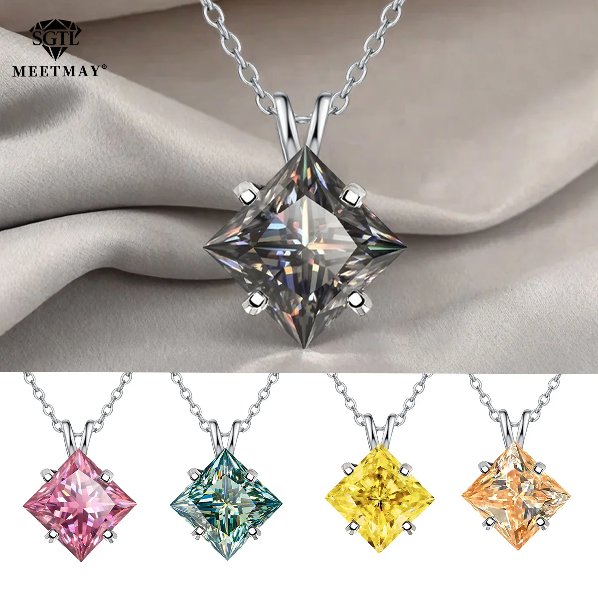 

S925 silver Platinum plating inlaid with colorful princess cut GRA Moissanite pendant,clavicle chain necklace for women gifts