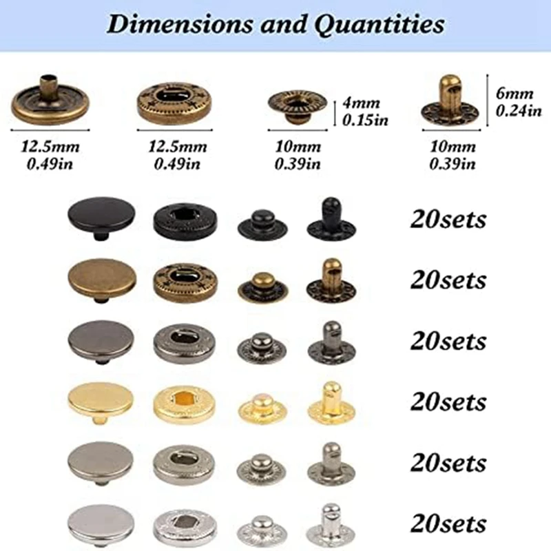 Kit de cierres a presión de cuero, juego de 120 botones a presión de Metal, tachuelas con 6 herramientas de ajuste, para chaquetas y ropa