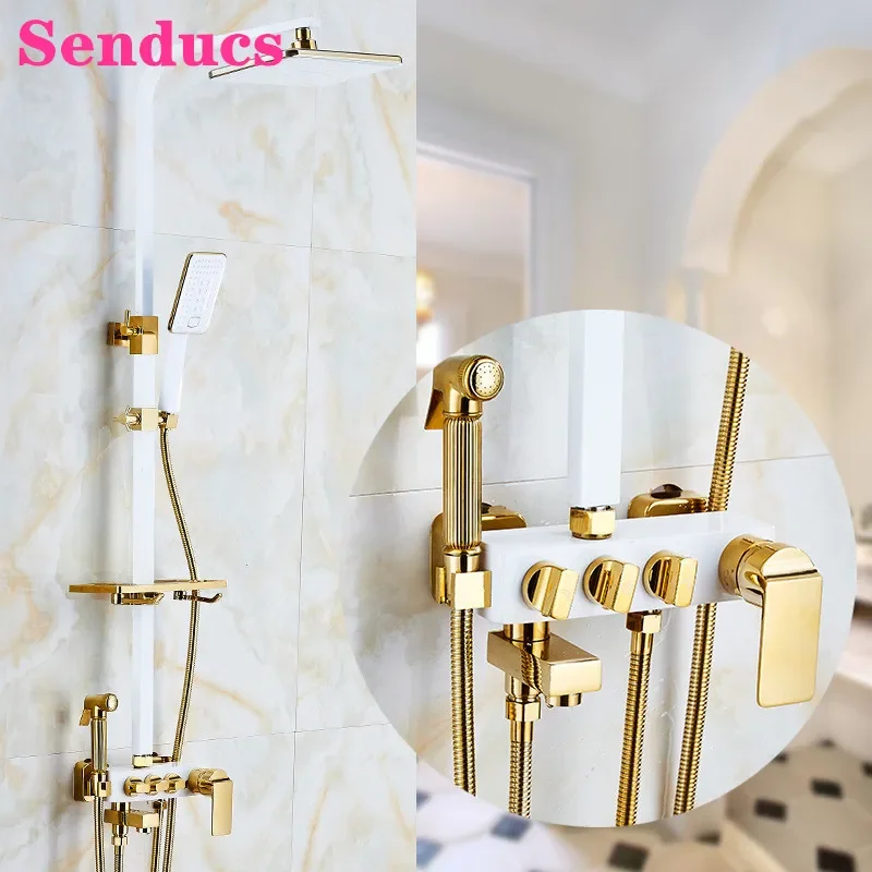 

White Gold Bathroom Shower Set Square Rainfall Shower Head Quality Brass White Gold Bathtub Faucets Hot Cold Bath Shower Set