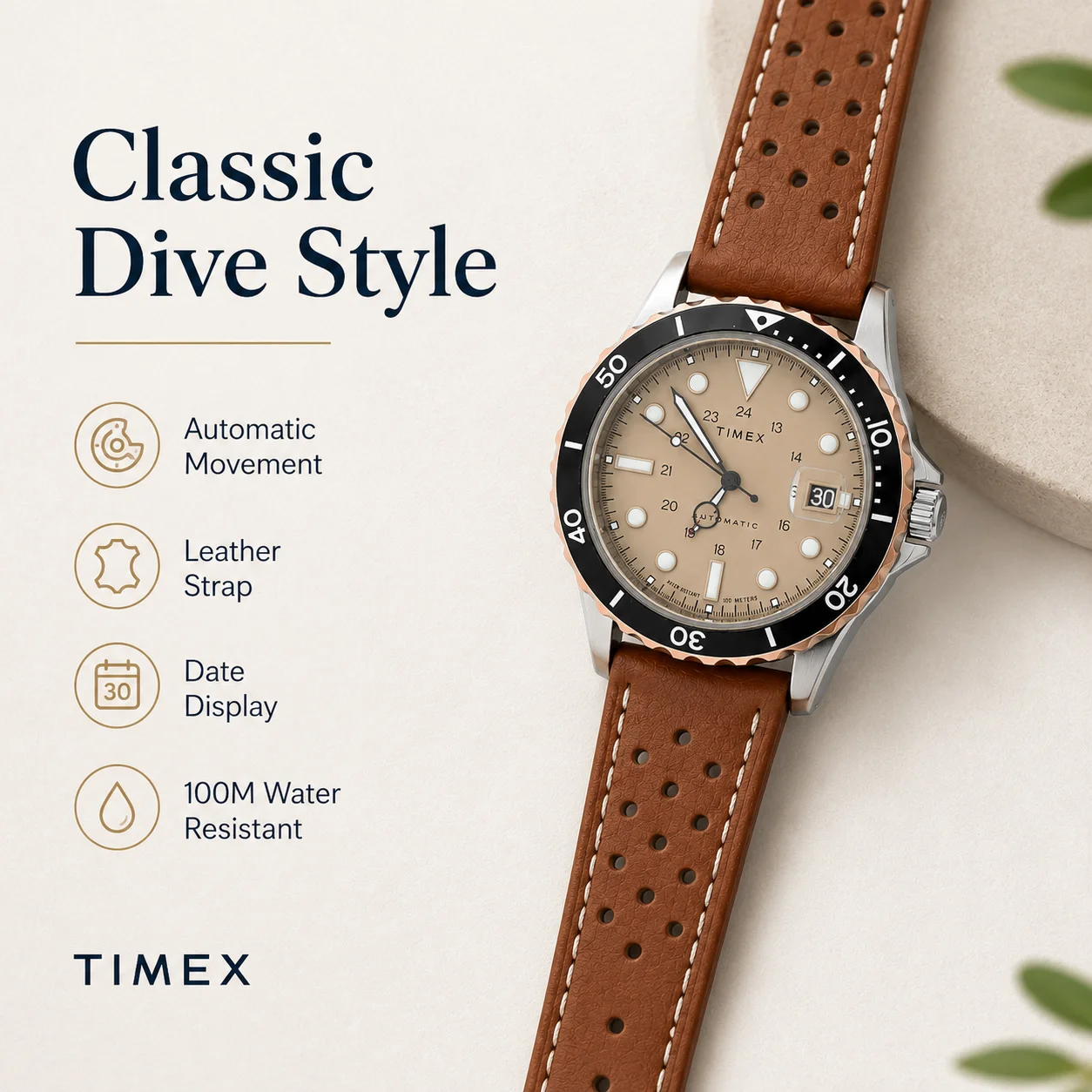 Tropic Strap Vintage - TimexNaviAutomatic メンズ腕時計、41mm ヴィンテージダイバーメカニカルウォッチ、クリームダイヤル、ブラウンの穴あきレザーストラップ、夜光マーカー付き