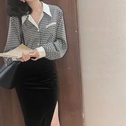 Black White Office Lady Temperament Women's Clothing 2024 Fashion Long Sleeve Tops Ladies Trend V-neck Shirts Vintage Blouses