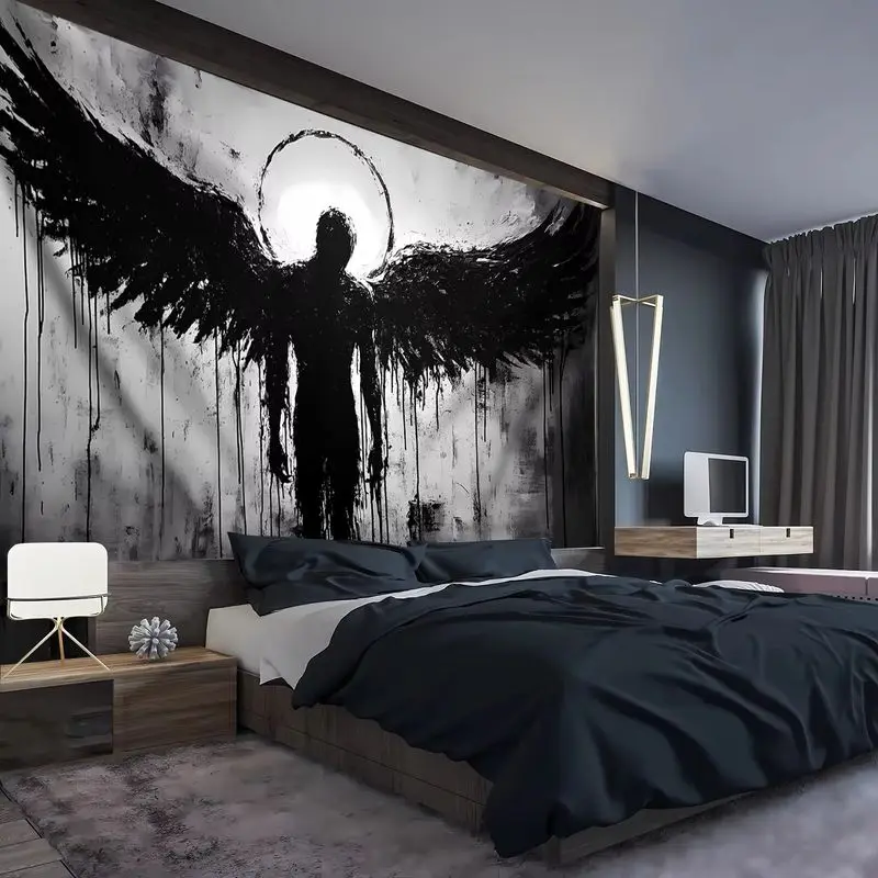 VIKAMA Ink Drip Winged Silhouette Tapestry Black White Gothic Angel Wall Hanging Dark Fantasy Gaming Bedroom Background Cloth