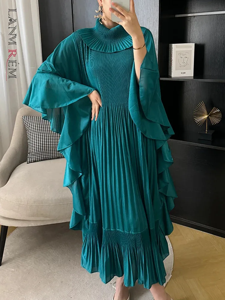 LANMREM Ruffles Pleated Dress For Women Batwing Sleeves Loose Style Female Maxi Dresses 2024 Spring New Party Clothing 2DA3801