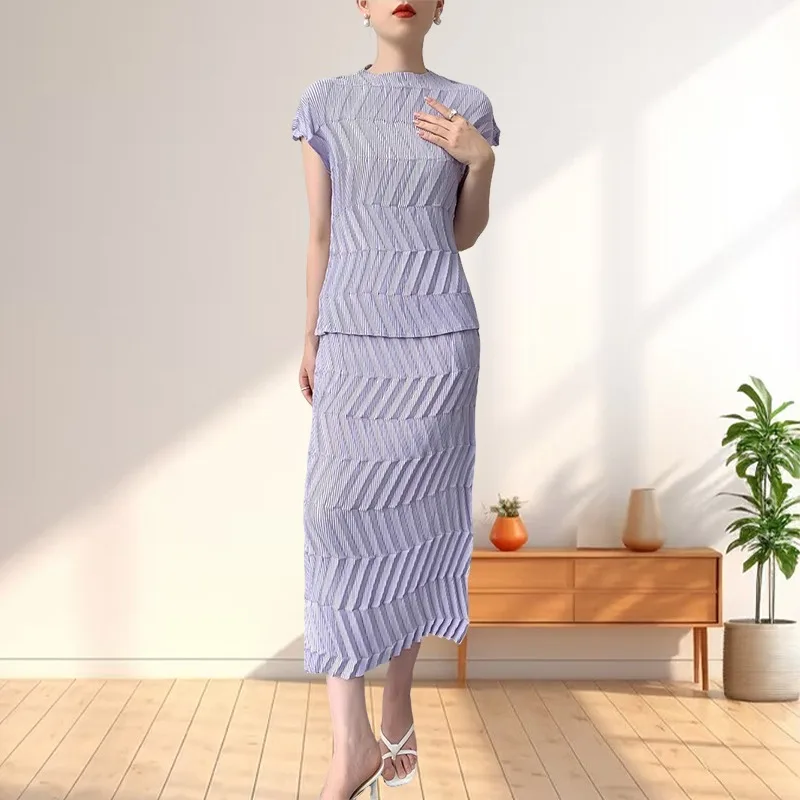 

Handmade Pleated Suit Women Miyake Summer New Short-sleeved Blouse Half Skirt Temperament Comfortable Casual Office Commuter