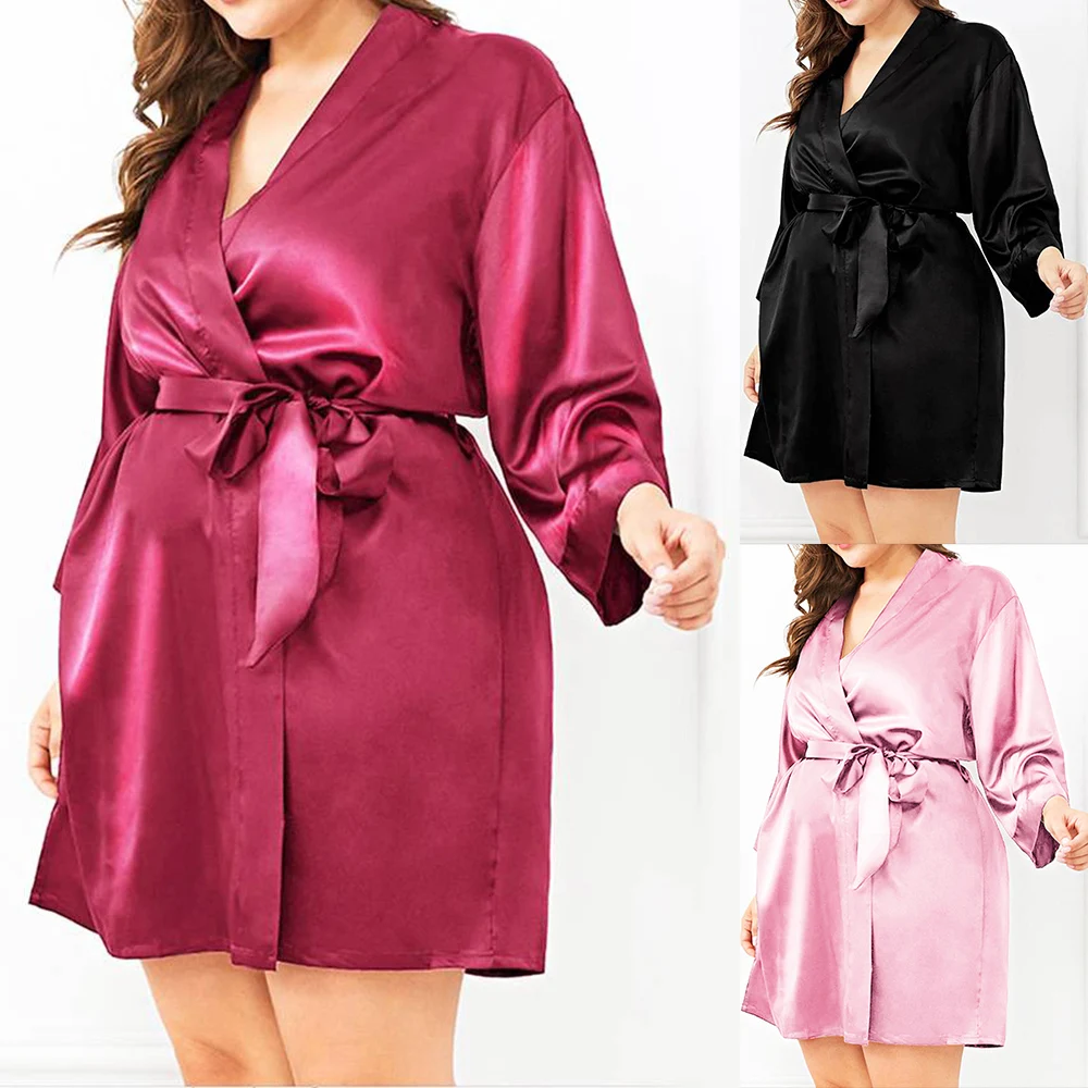 Plus Size Women Sleepwear Nightdress Lingerie Sexy Kimono Wedding Satin Silk Robe Nightgowns Pajamas