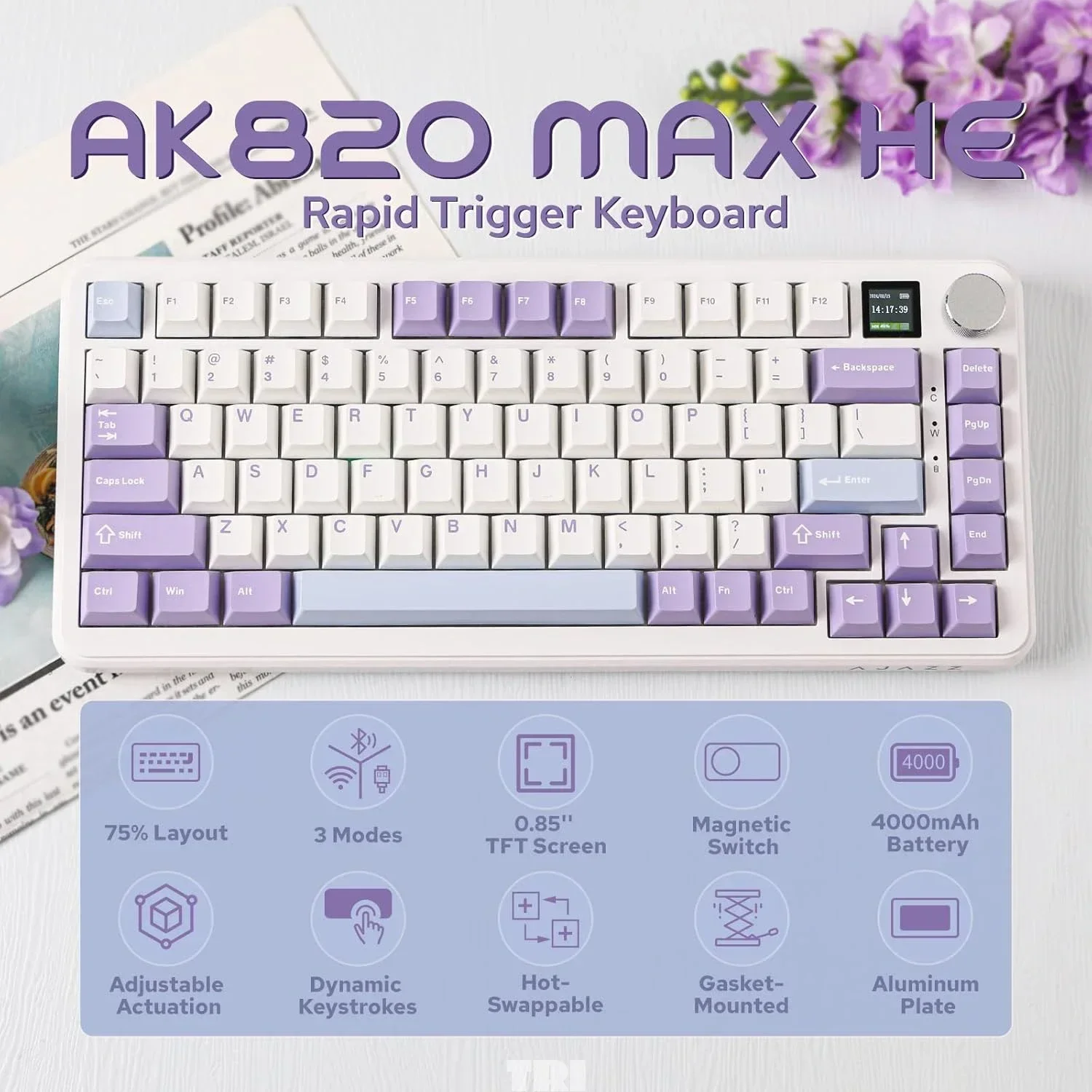 AJAZZ AK820 MAX HE Rapid Trigger Keyboard, Wired Gaming Keyboard, Hall Effect Gasket Mechanical Keyboard, Adjustable Actuation