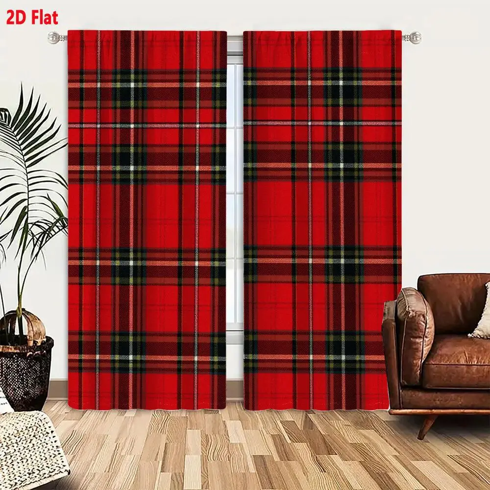 2Pcs Curtains Add 2D Flat Classic Red Tartan Pattern Textile Design With Black White And Green Bands Window Drapes for Bedroom R