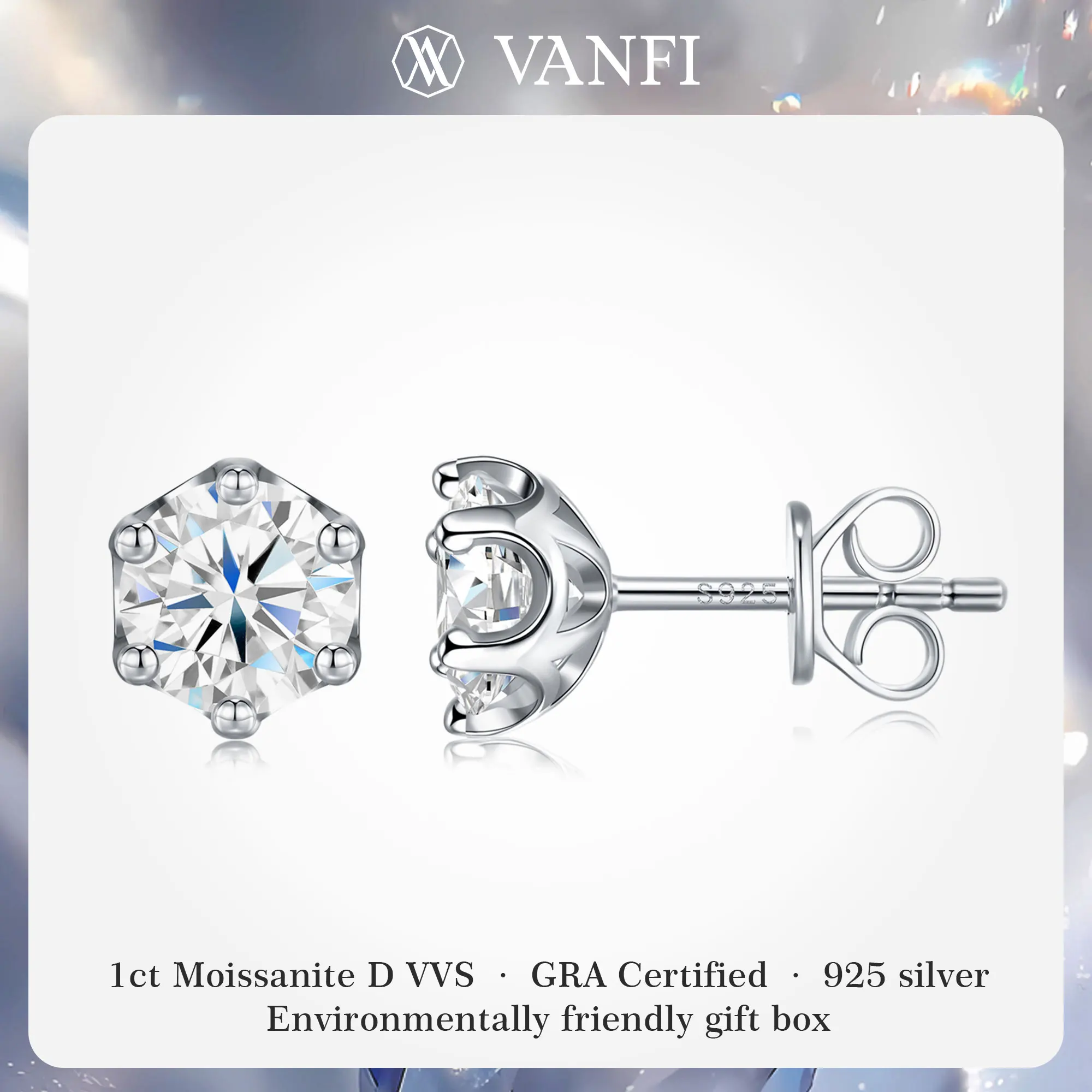 

KFVANFI 1CT Moissanite Stud Earrings 925 Silver Classic Six Prong Flower D Color VVS1 GRA Certified Women Luxury Fine Jewelry