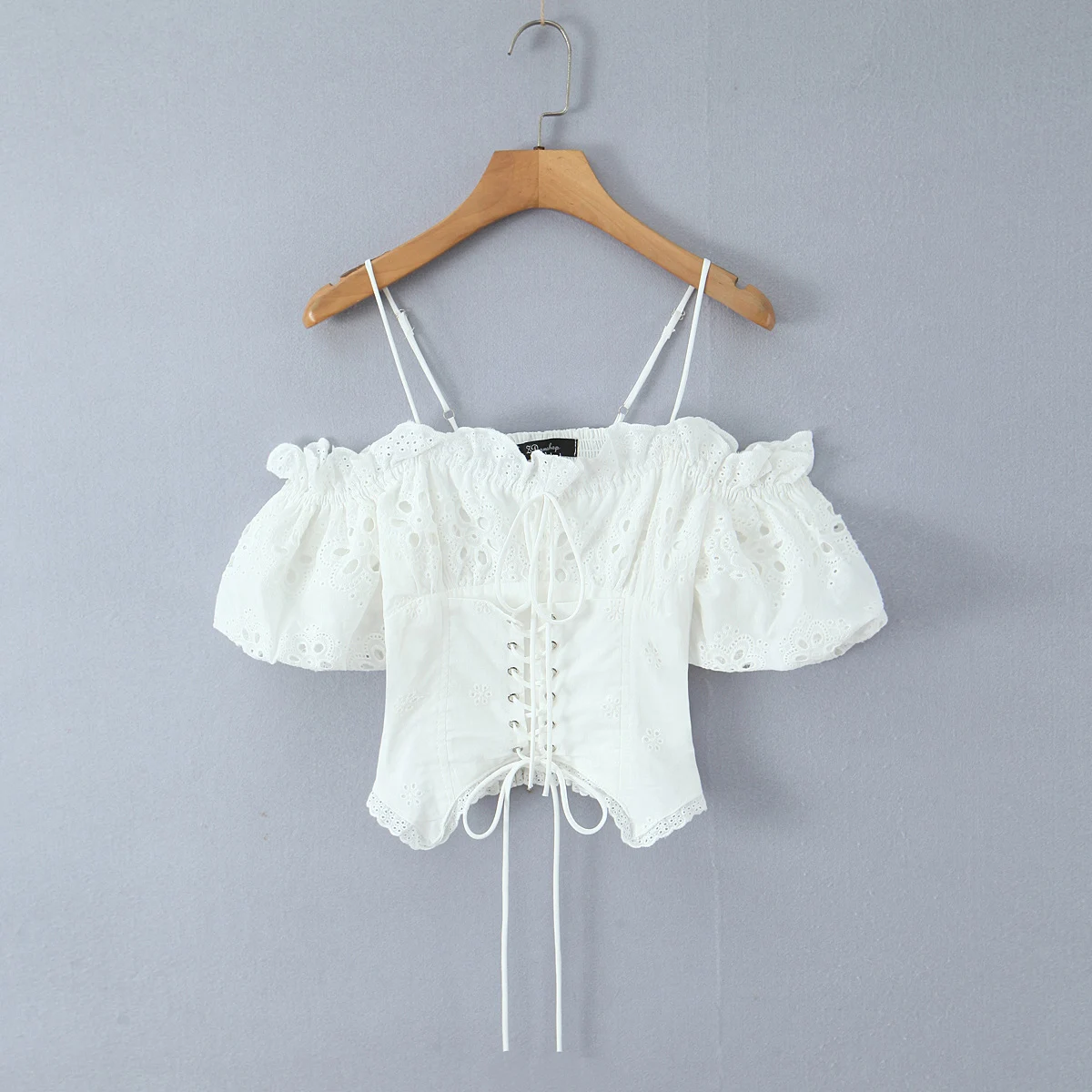 White Hollow Out Embroidery Off Shoulder Camisole Women Summer Cross Lacing Up Front Elastic Back Tank Tops Girl Slim Crop Top