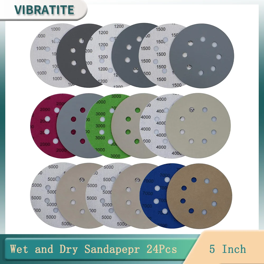 

5-дюймовый набор влажной и сухой наждачной бумаги с 8 отверстиями, 24 шт., различная зернистость, 180-7000, оксид алюминия с крючком для произвольных орбитальных шлифовальных машин