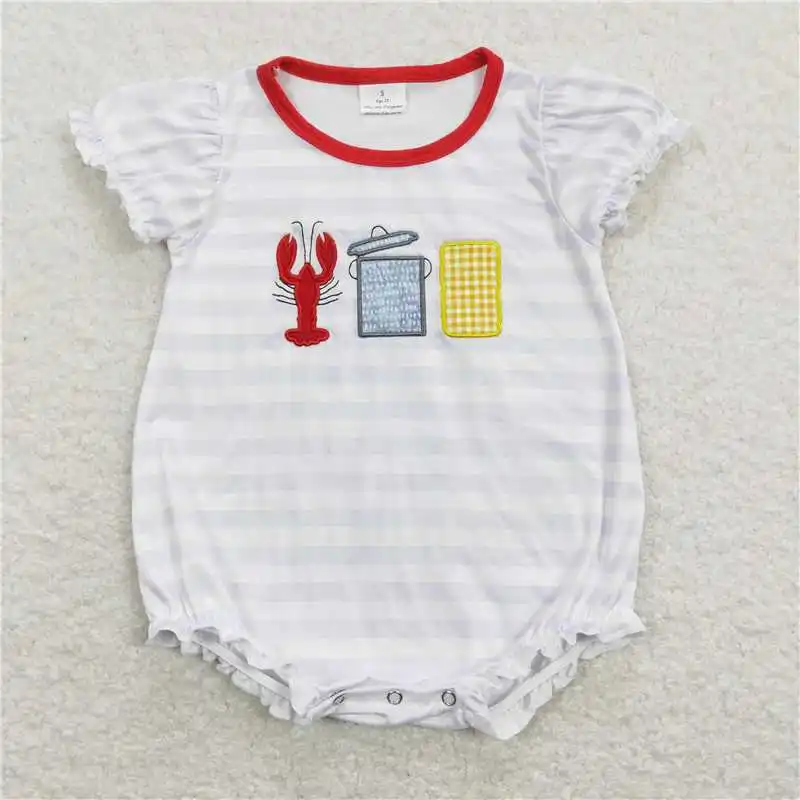 Wholesale Baby Boy Girl Summer Crawfish Set Clothing Short Sleeves Embroidery Stripes Tops Kids Plaid Shorts Children Outfit