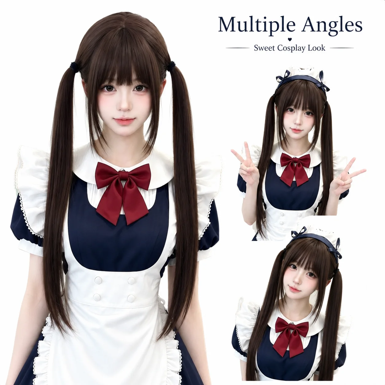High tie style double ponytail long straight Lolita Shao Luo JK double ponytail wig for girls, synthetic full head cover