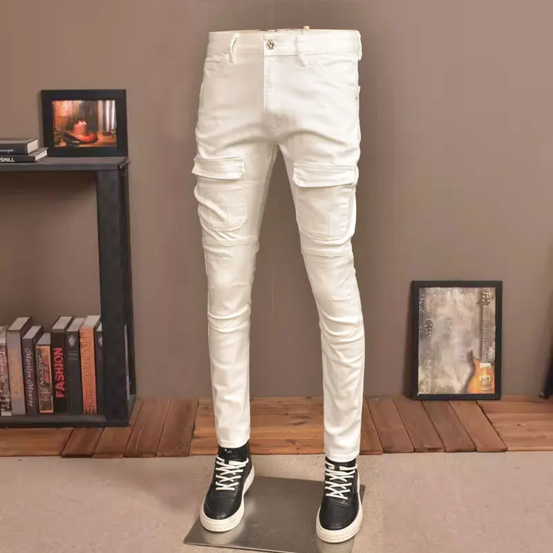 Streetwear Fashion Men Jeans White Stretch Skinny Fit Hip Hop Jeans Men Multi Pockets Designer Casual Denim Cargo Pants Hombre
