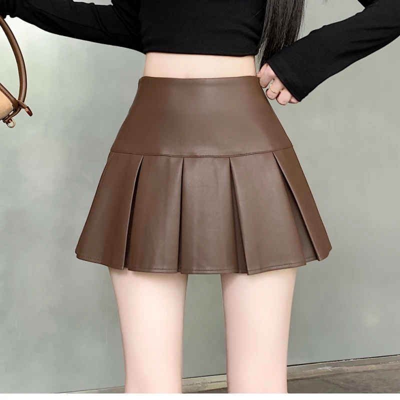 Retro PU Leather Pleated  Skirt High Waist A-Line Versatile Short Skirt for Young Women Commute Korean Style Skin-friendl...
