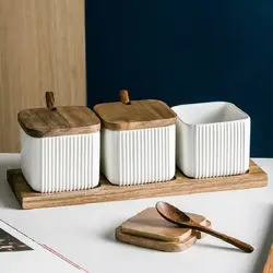 Heavy Ceramic Seasoning Jar Set Spice Container Flavors Canister Salt Pot (no tray, no spoon)