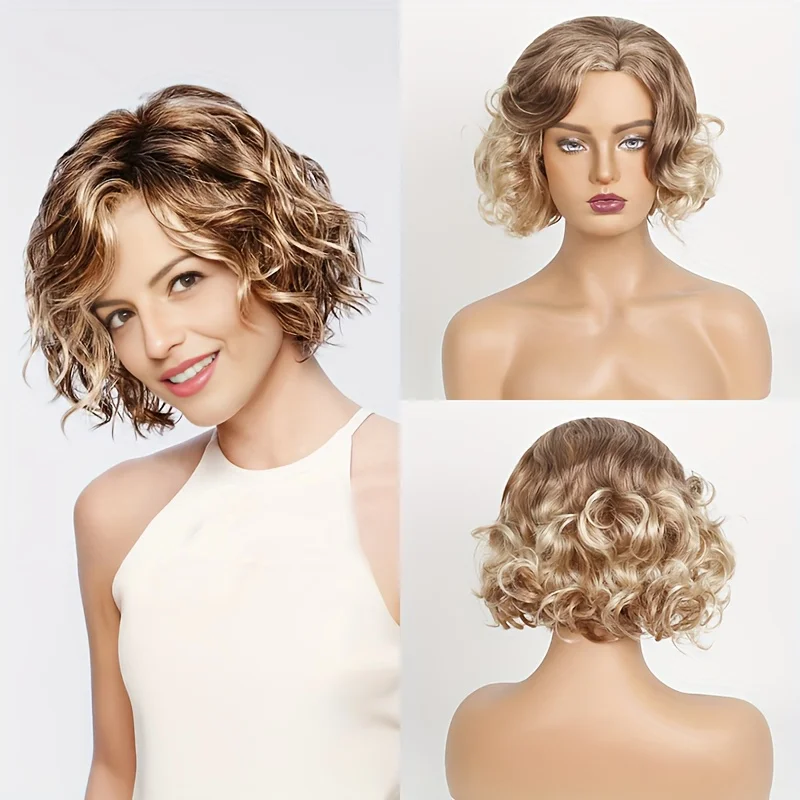 Golden Brown Ombre Short Curly Synthetic Wig, Side-Swept Bob with Woolly Curls Middle-Aged and Elderly Mothers Cover Gray Hair