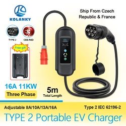 16A 11KW Portable EV Charger Type 2 IEC-62169 Standard Plug Charging For Eletric Vehicle Hybrid Cars Cable 5M