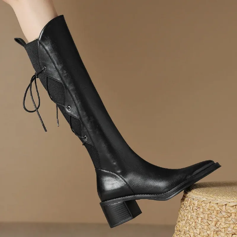 

Женские зимние сапоги до колена из коровьей кожи на эластичной ткани в стиле пэчворк на шнуровке, высокие сапоги до колена толщиной 5 см на среднем каблуке с острым носком и боковой молнией