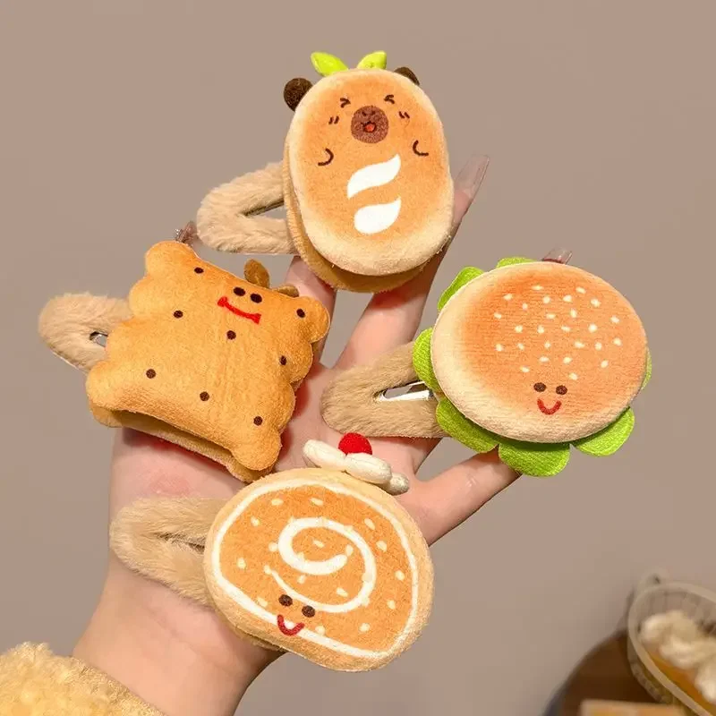 Cartoon Animation Cute Fun Biscuit Burger Plush Hairpin Female Side Bangs Broken  Autumn and Winter