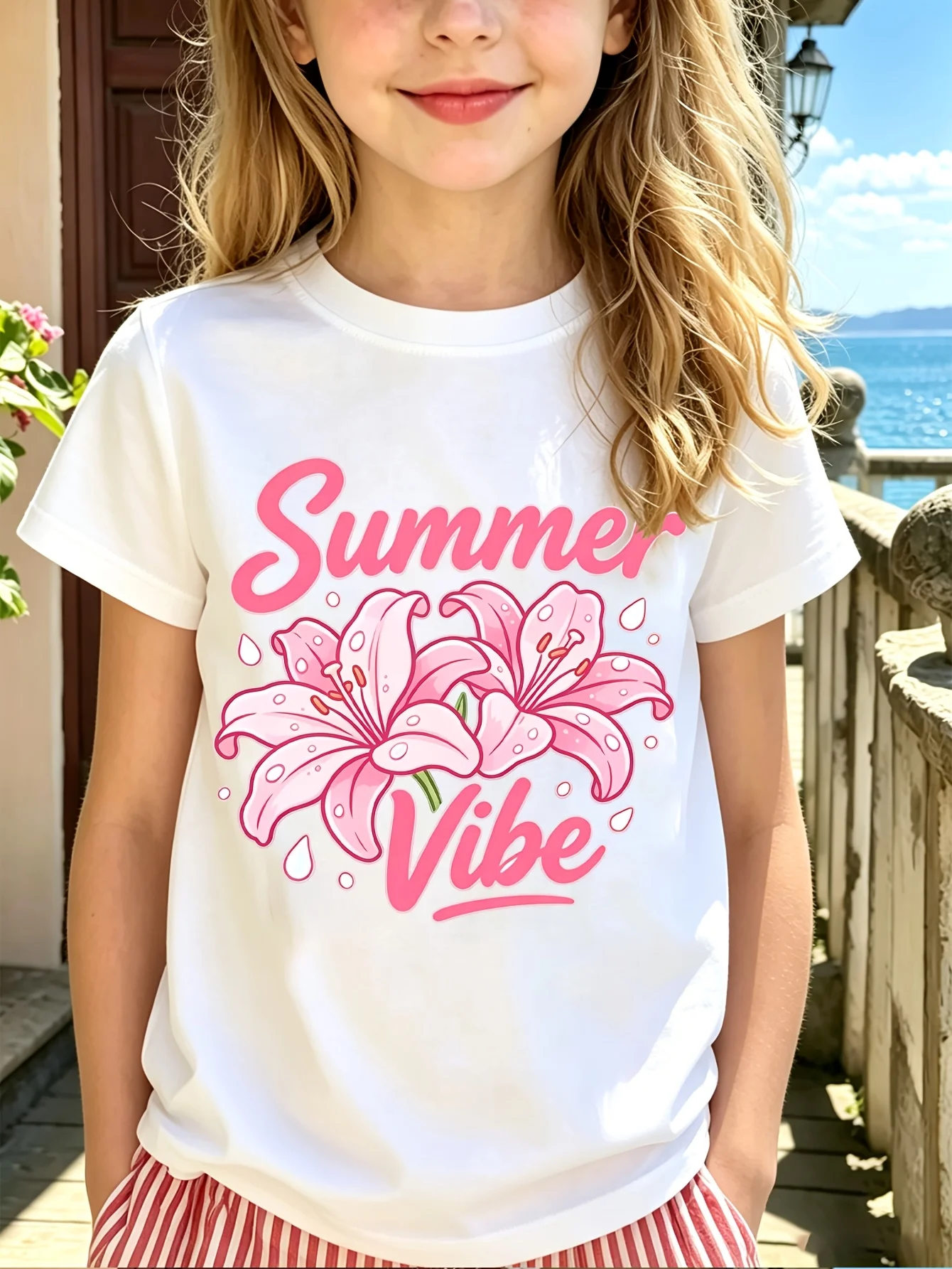 Kids Family Matching T Shirt Summer Vibe Pink Lily Flower Print Short Sleeve Cotton Tops For Boys Girls Daily Casual Outfit