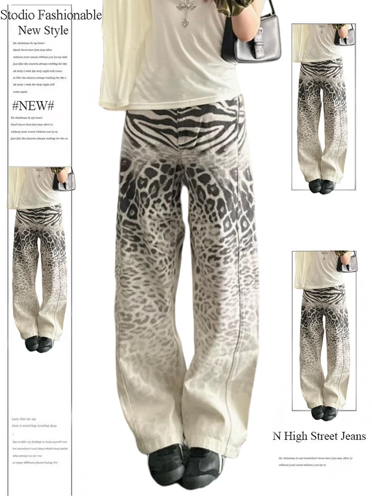 

Осень-зима 2022, женские джинсовые брюки в стиле кибер-панк Y2K, мешковатые джинсы с леопардовым принтом, с низкой посадкой, Harajuku, ковбойская японская уличная одежда, новинка