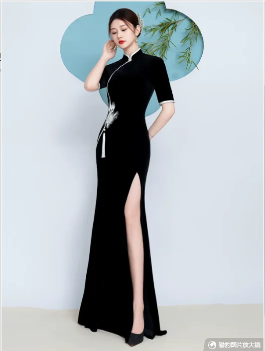 

Chinese Traditional Qipao Hanfu High-End Fashion Show Velvet Qipao Retro Clothing