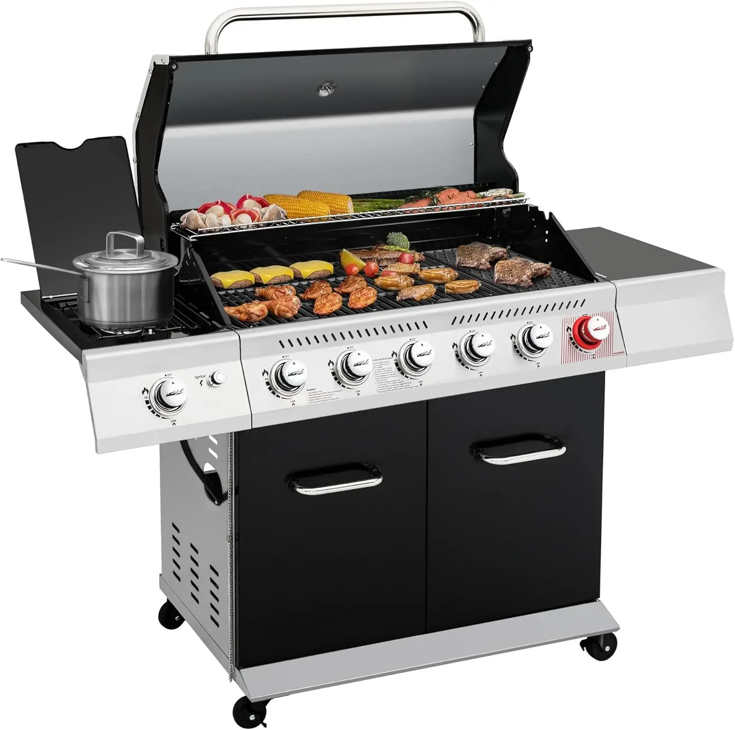 GA6402H 6-Burner Propane Gas Grill w/Sear Burner & Side Burner, 74,000 BTU, Cabinet Style Outdoor BBQ Grill Black