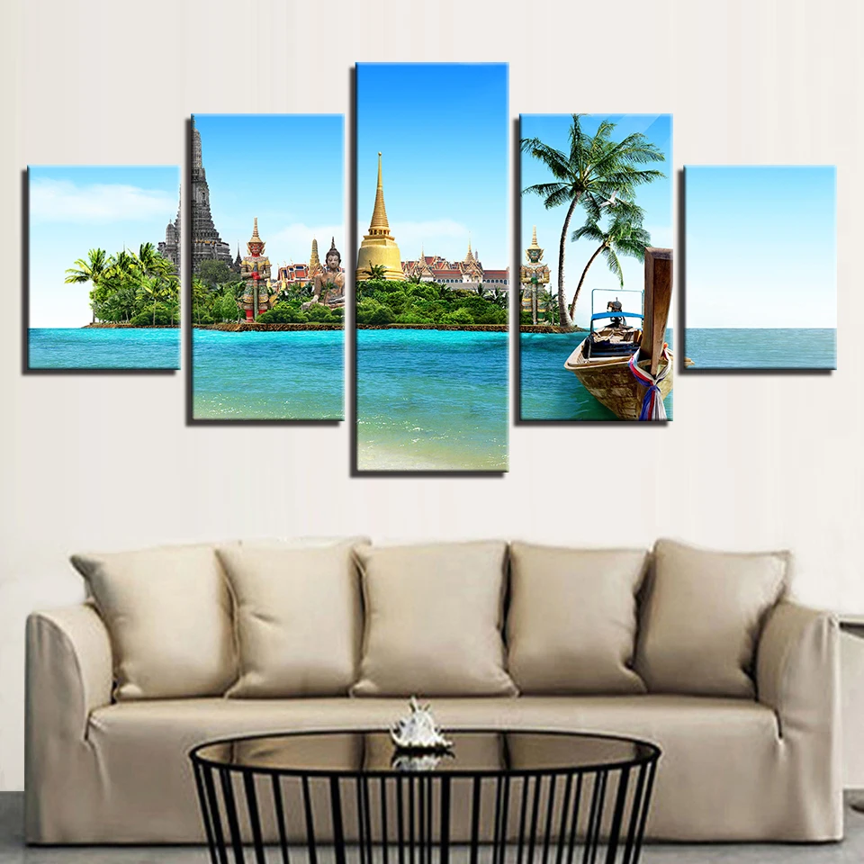 

5 Pieces Wall Art Canvas Tropical Island Pictures Thailand Pattaya Buddha Poster Painting Living Room Modular Home Decoration