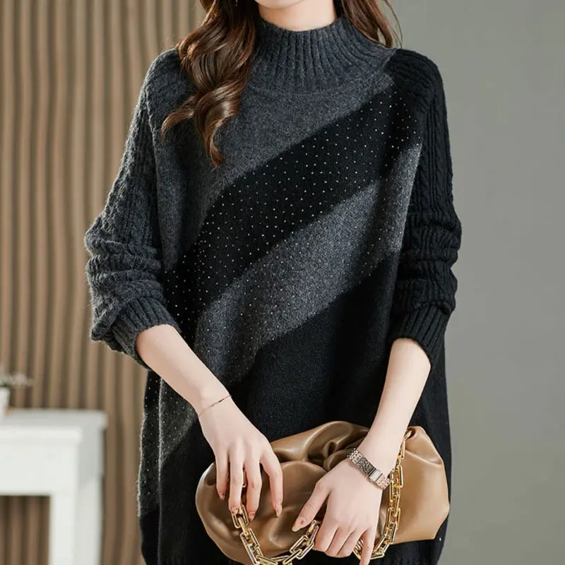 

Women's Clothing Long Sleeve Casual Basic Half High Collar Jumpers Fashion Diamonds Knitted Sweaters Autumn Winter Korean Loose