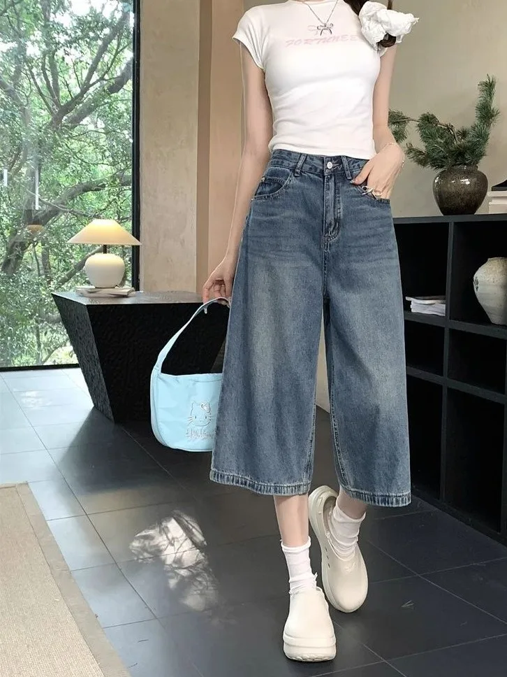 

Loose Wide Leg Jeans Women's Summer New Thin Seven-Foot Pants plus Size Slimming for Pear aped Body Casual High Waist Denim