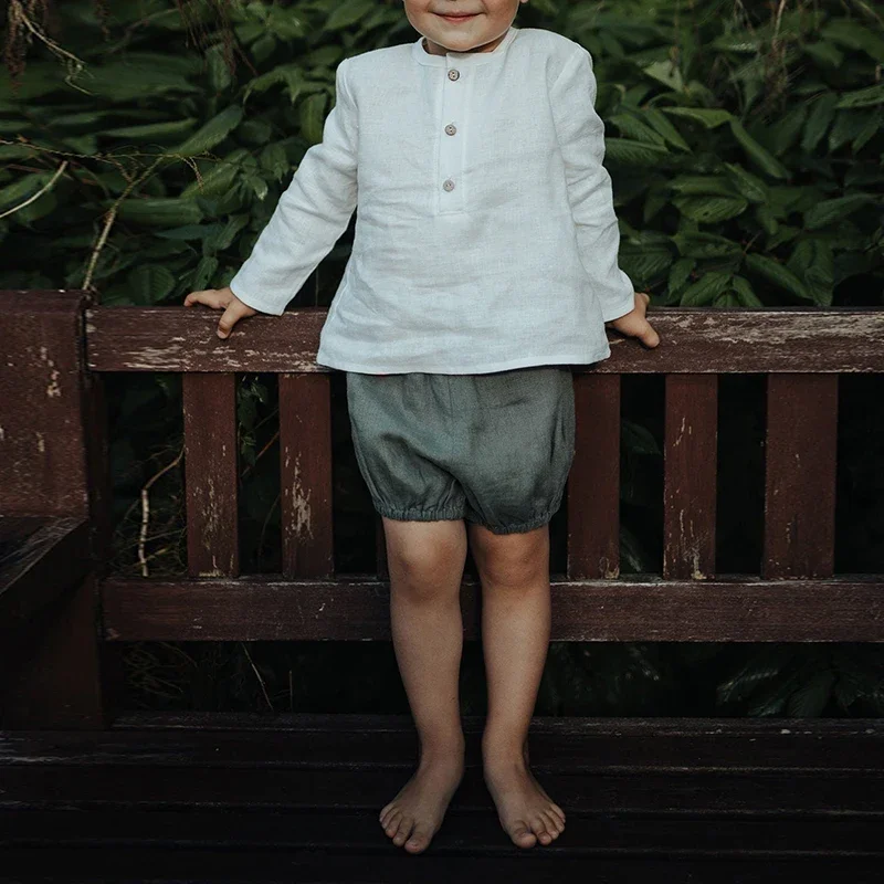 Children\'s Linen Long-Sleeved White T-Shirt Chic New Daily Casual Loose Baby Kids Button-up Autumn Blouse Cotton Linen Clothing