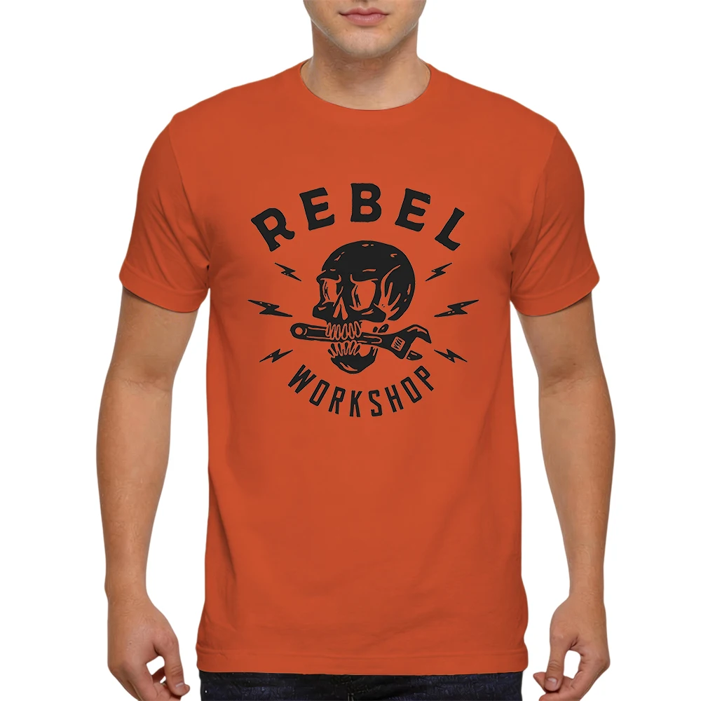 Mens 100% Cotton T Shirt Rebel Workshop Skull With Wrench Lightning Vintage Rock Letter Print Breathable Short Sleeve Daily Wear