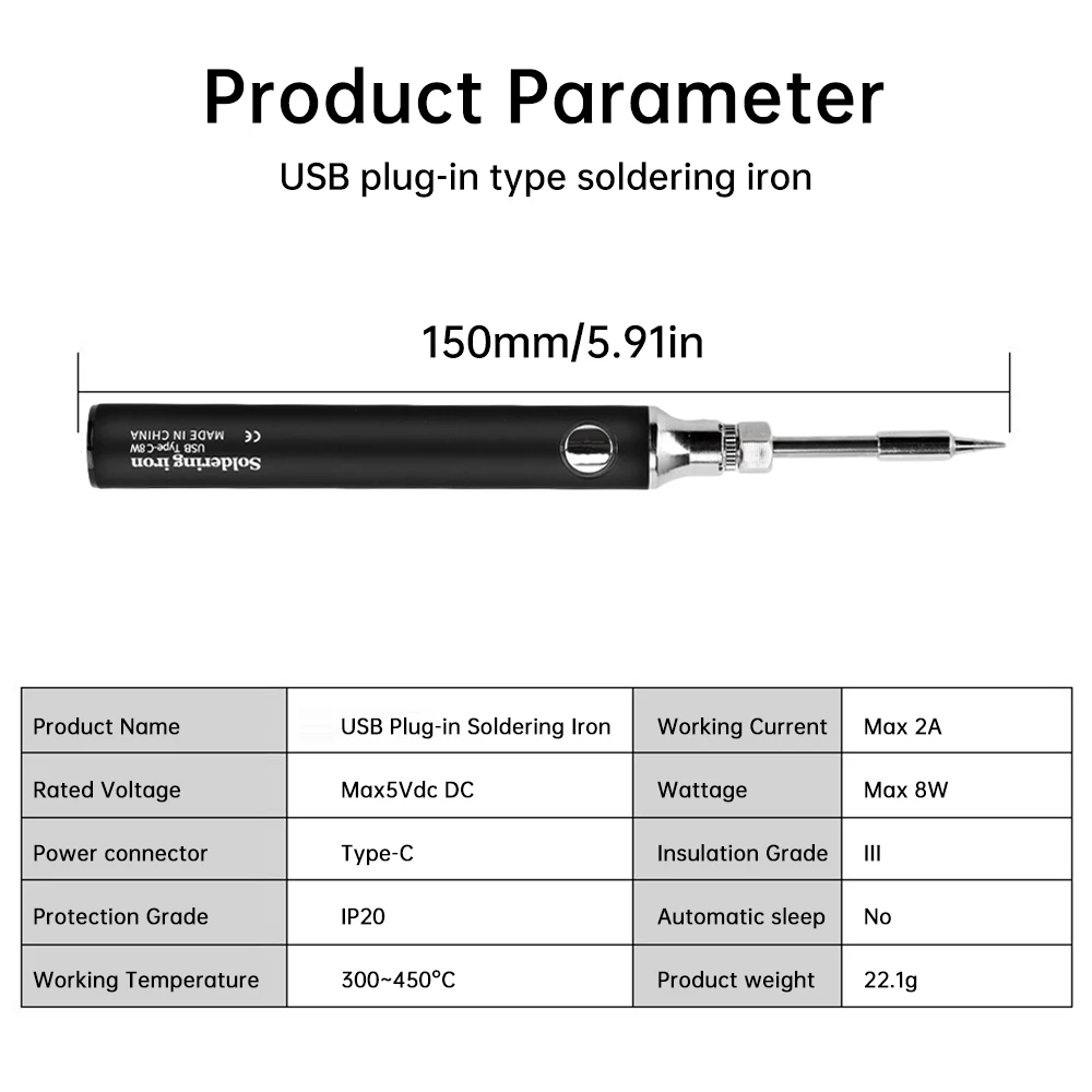 Kein Batteriemodell, USB-Lötkolben, Typ C, drei Stufen der Temperaturregelung, schnelles Aufheizen, Lötkolben-Set, DC5 V, 2 A, 8 W