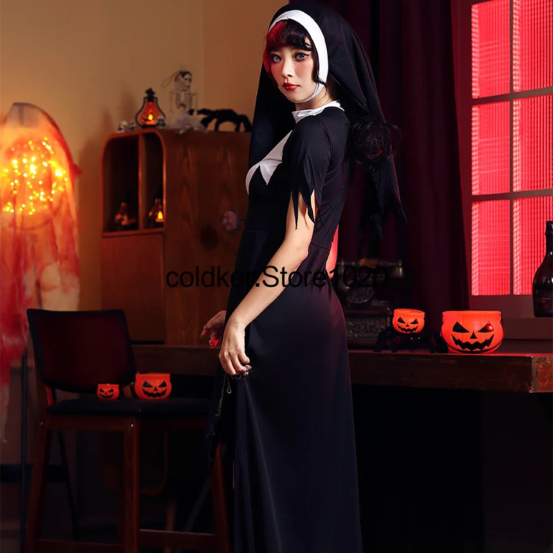 S-XXL Women's Halloween Religious Nun Costume Zombie Devil Cosplay Costume Adult Sexy Irregular Anti Cross Long Dress For Women