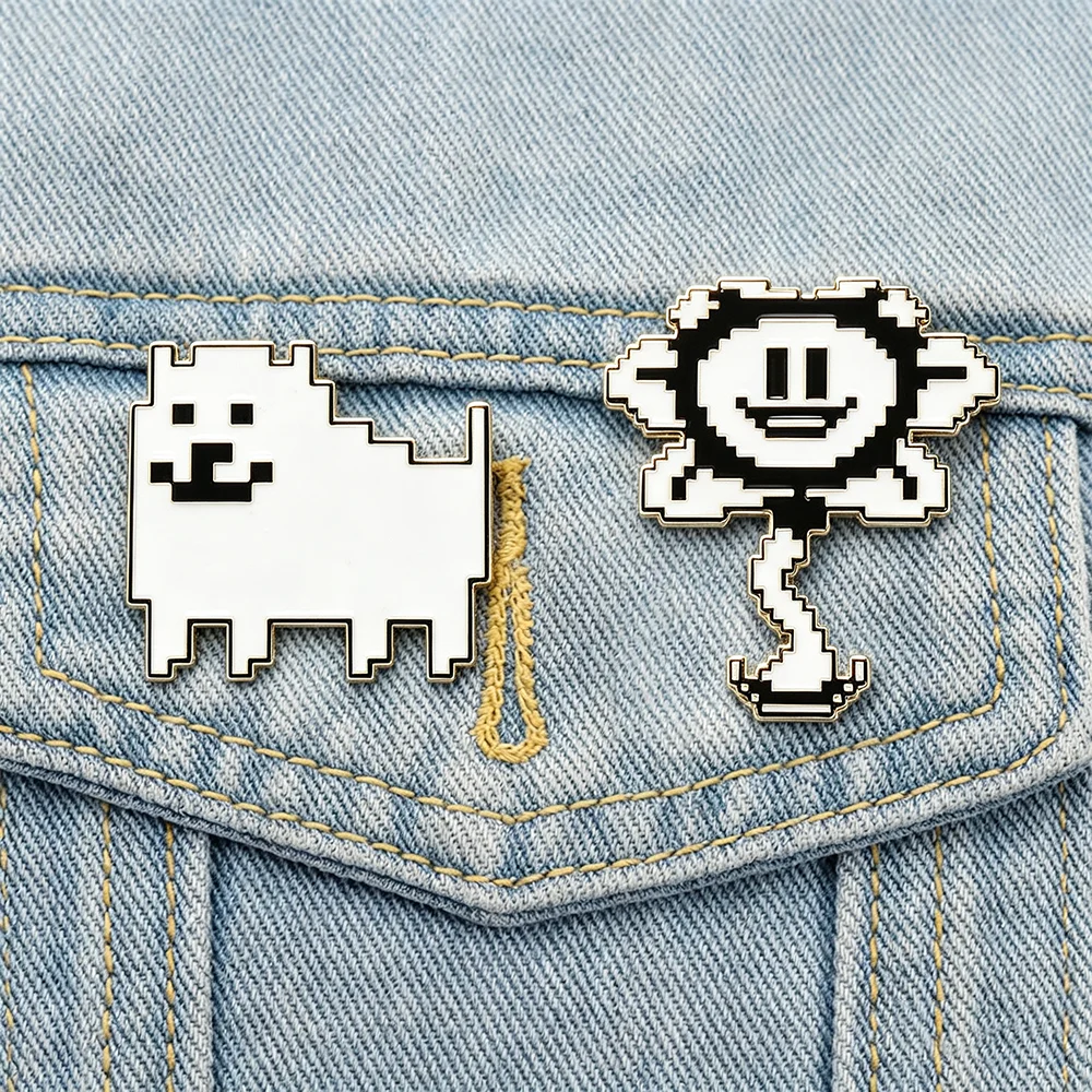 2Pcs/set Anime Sans Undertale Dog Flower Enamel Brooches Backpack Lapel Metal Badge Clothing Jewelry Cosplay Halloween Gift