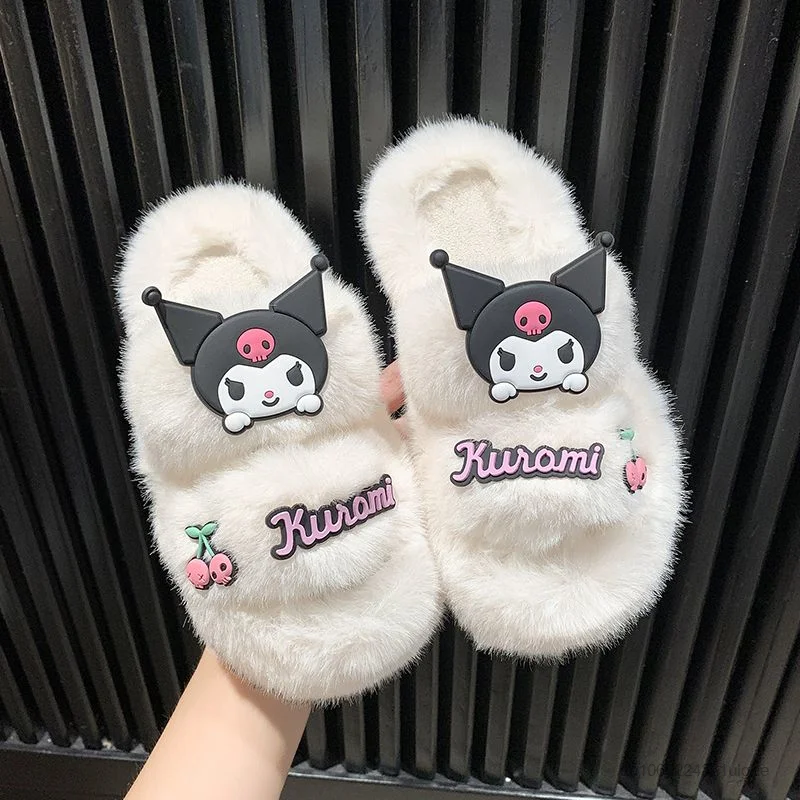 Sanrio Kuromi Plush Shoes Women Outdoor New Thick Sole Fuzzy Slippers Anti Slip Y2k Female Cartoon Korean Style Fashion Slippers