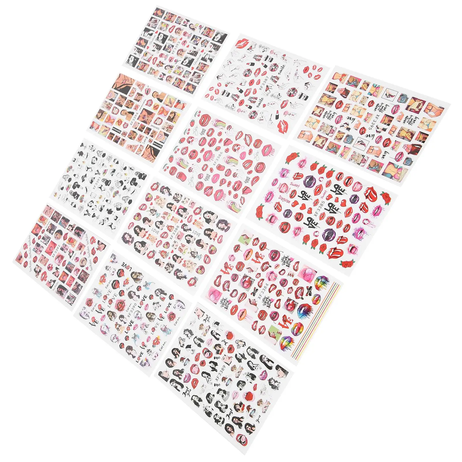 12 Sheet Nail Art Stickers for Lips - Perfect for scrapbooks , Photo Frames, Nail Shops & for mobile Phone Decor