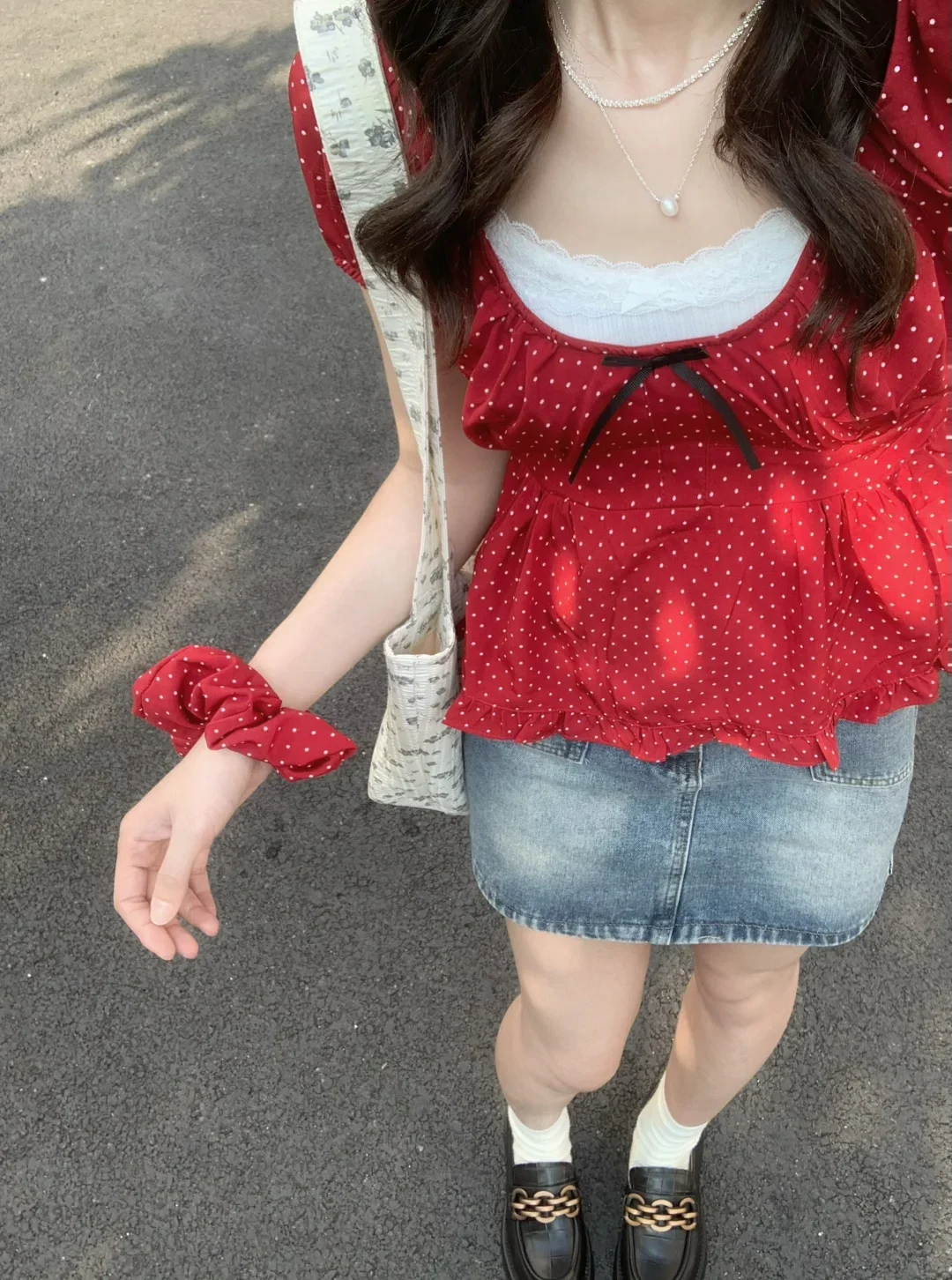Red Polka Dot Knot ort Sve T-Shirt Damen Sommer Bubble Sve Abnehmen Ort Länge Top Koreanische Sle Pendeln...