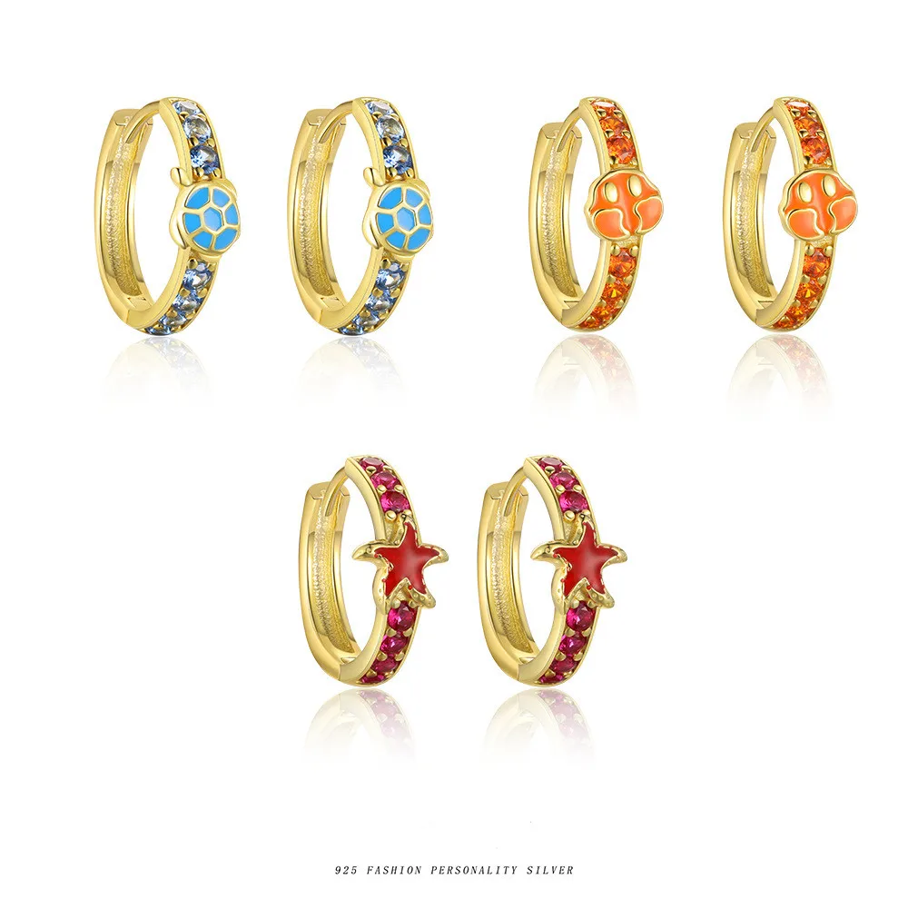 

S925 серьги из чистого серебра с океаном, маленькими животными, микроинкрустированные разноцветными циркониевыми серьгами для женщин, модная и компактная пряжка для ушей