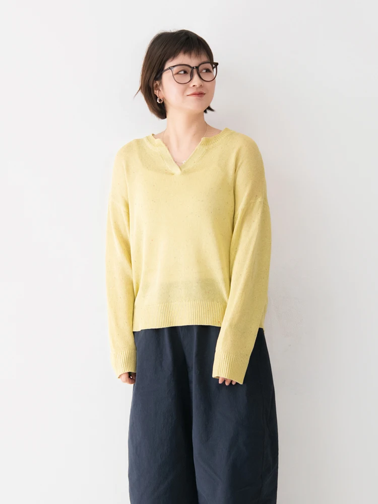 

Льняной вязаный топ с длинными рукавами для женщин: свободный крой, универсальный дизайн, модный цвет в горошек, повседневный стиль