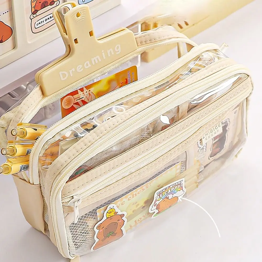 Capybara Pencil Case Mesh Pocket Transparent Partition Pen Bag Multi-functional Large Capacity Stationery Storage Pouch