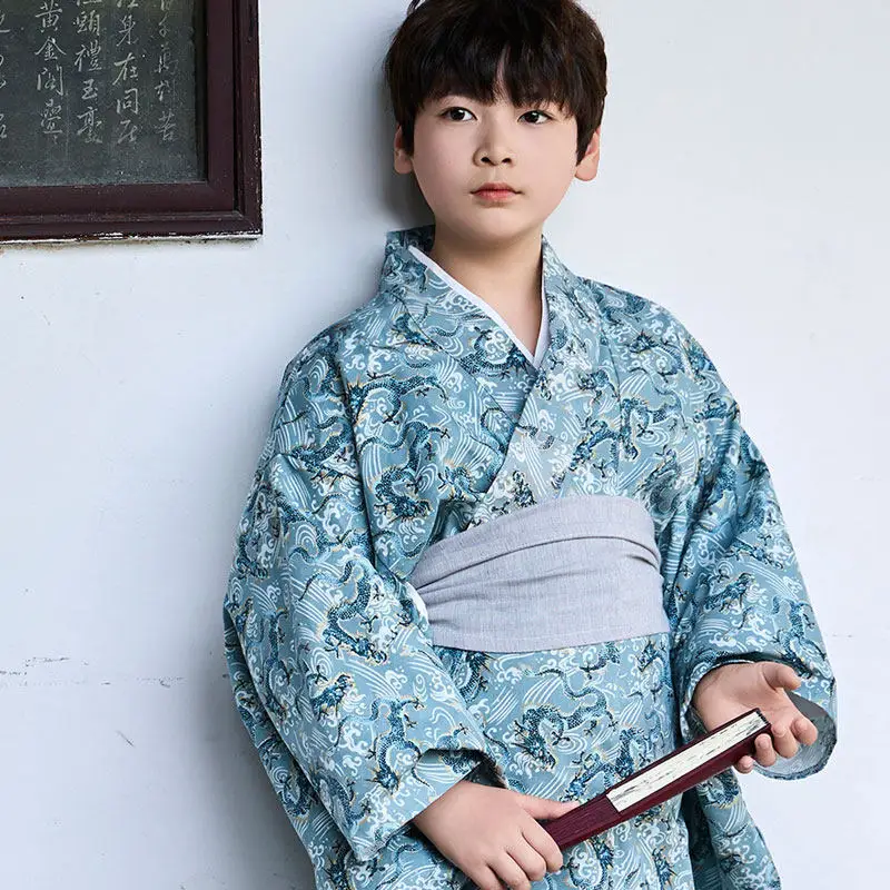 Boys Japanese Kimono Samurai Robe with Belt Traditional Kimono Cardigan Bathrobe Yukata Spring Summer
